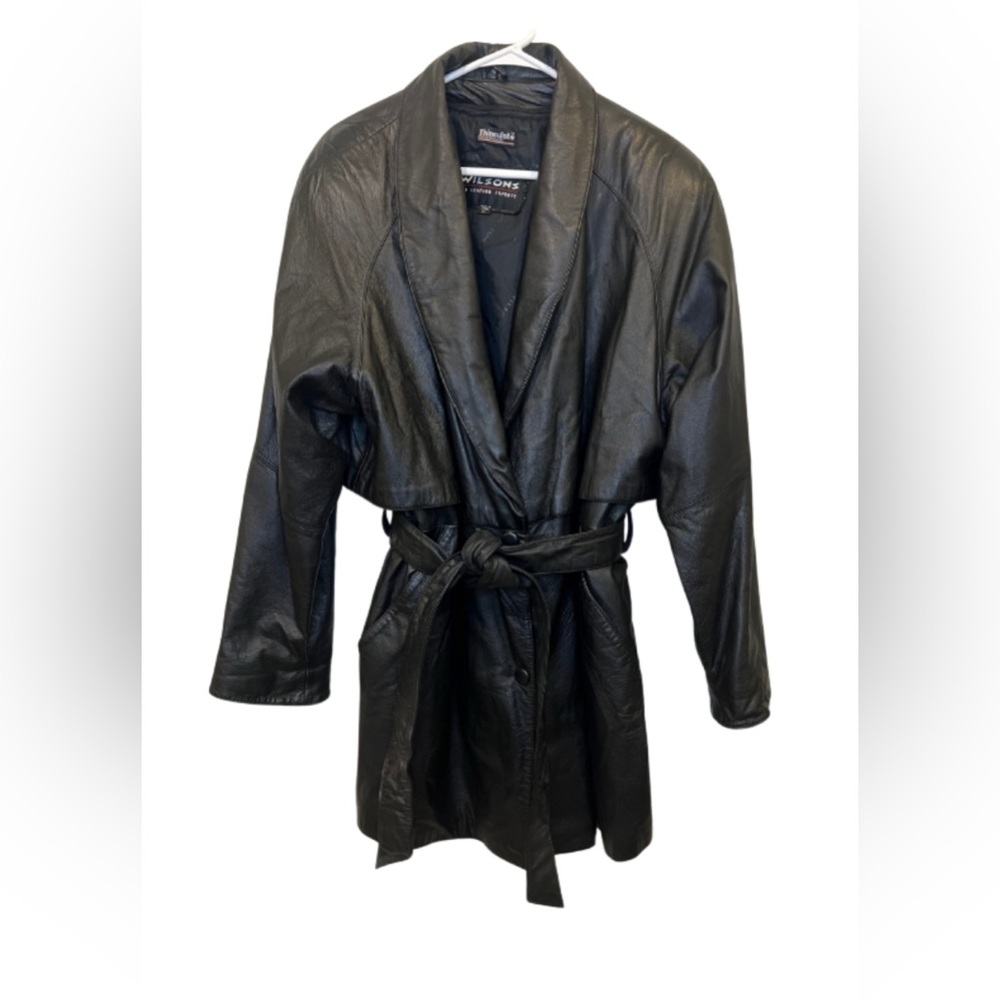 Wilsons Vintage Black Leather Belted Trench Coat w/ Thinsulate XL